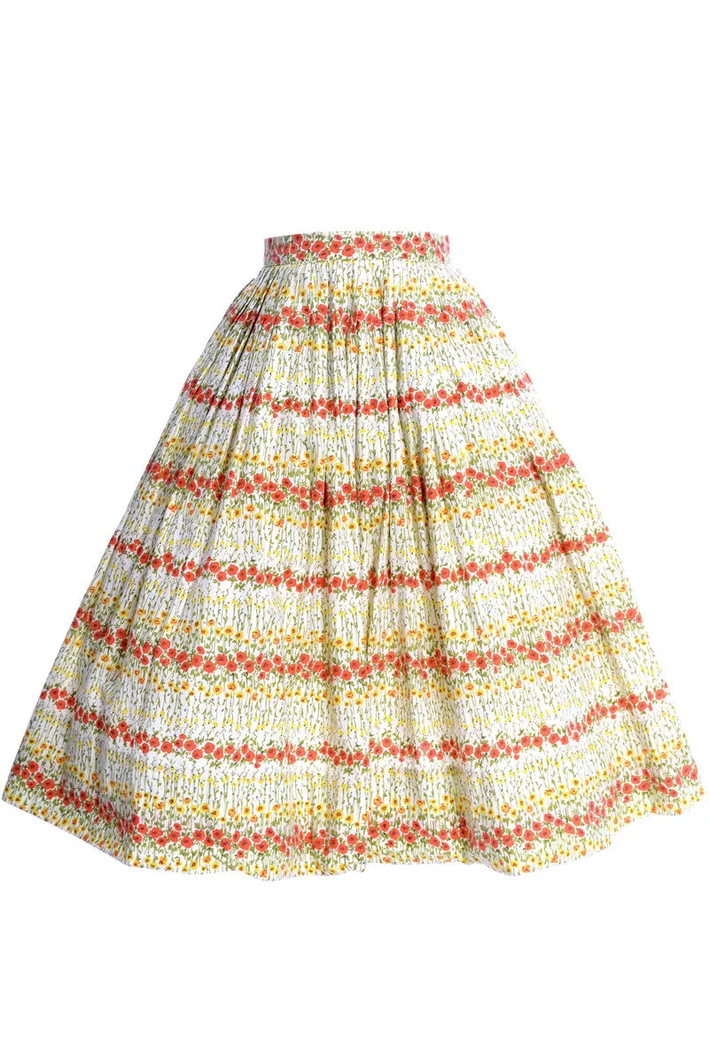 1950's or 1960's Full Cotton Skirt withYellow Orange and Green Floral