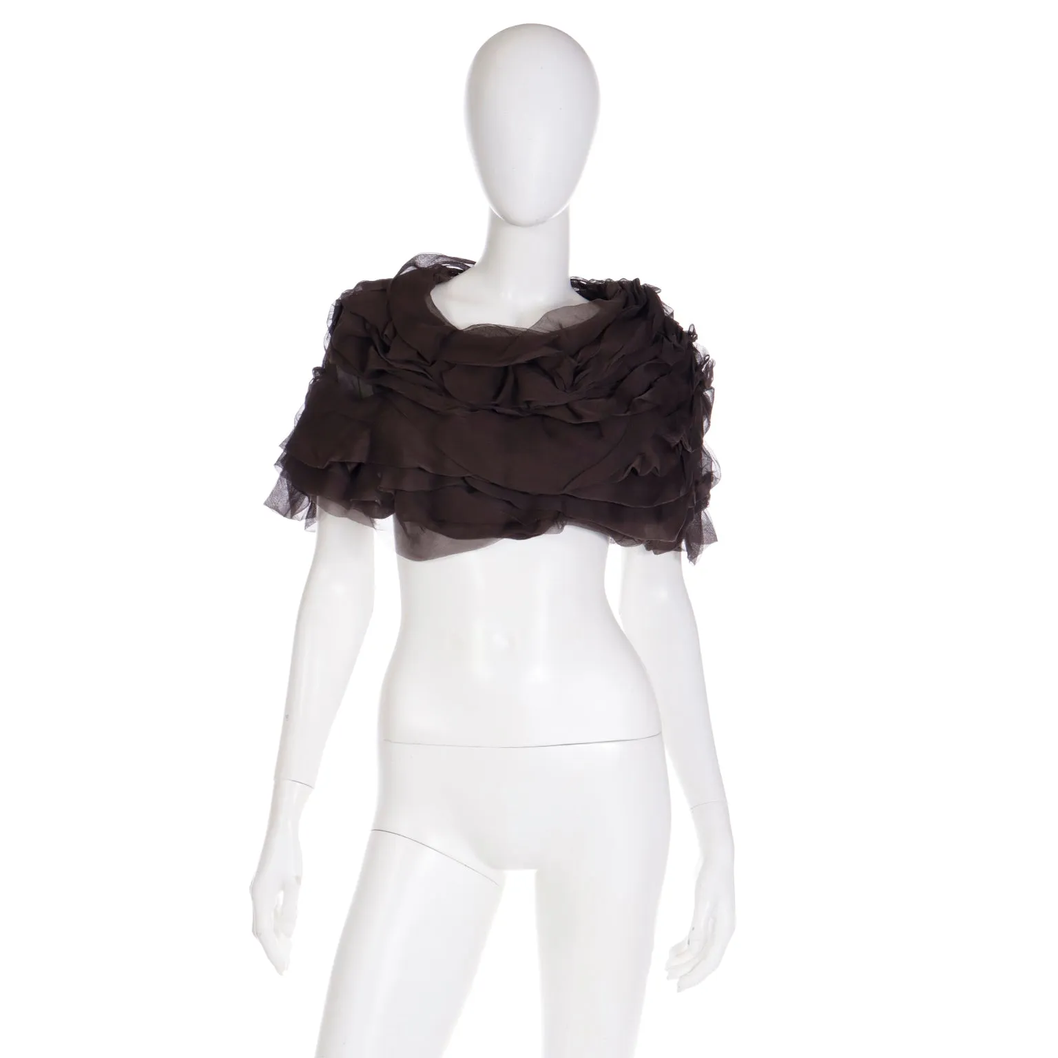 2000s Moschino Brown Ruffled Silk Organza Cropped Top or Capelet