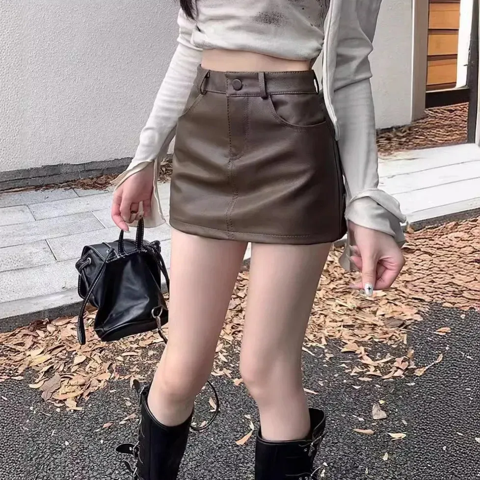 2024 New High  -Waisted Brown A-Line PU Leather Belted Mini Skirt