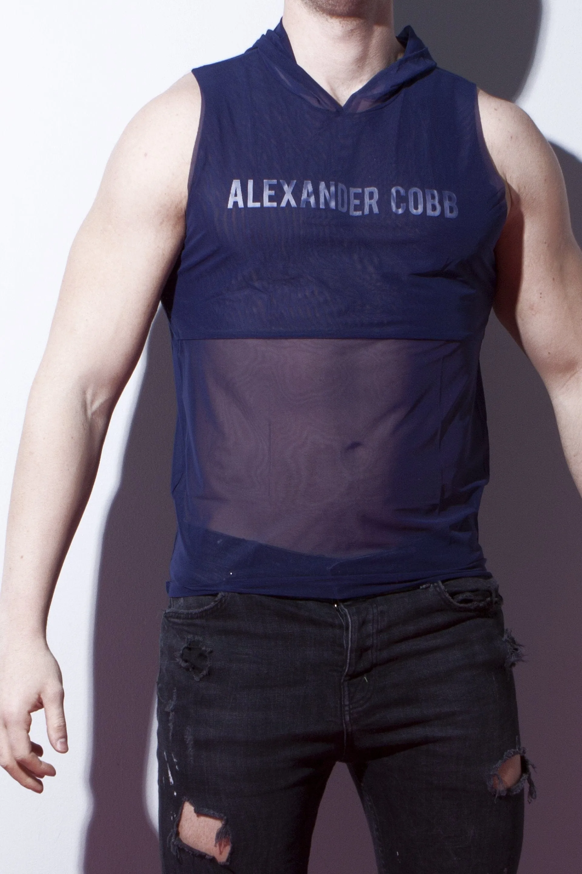 ALEXANDER COBB TRANSPARENT SLEEVELESS HOODY NAVY BLUE