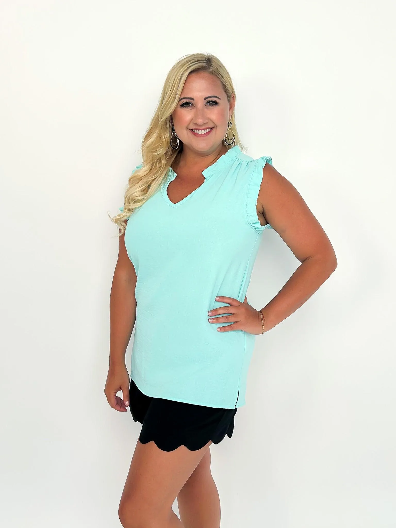 Aqua Sleeveless Ruffle Top