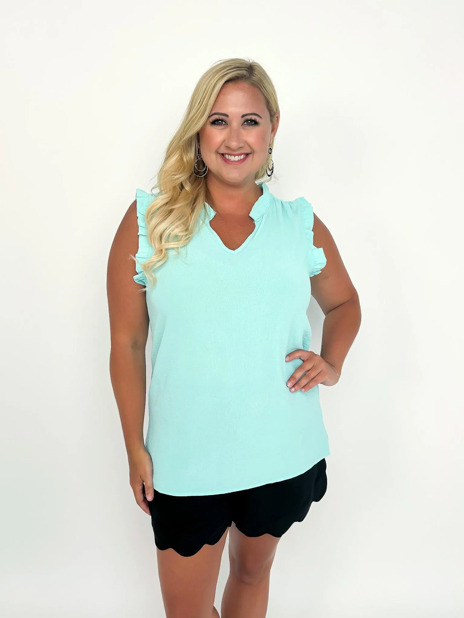 Aqua Sleeveless Ruffle Top