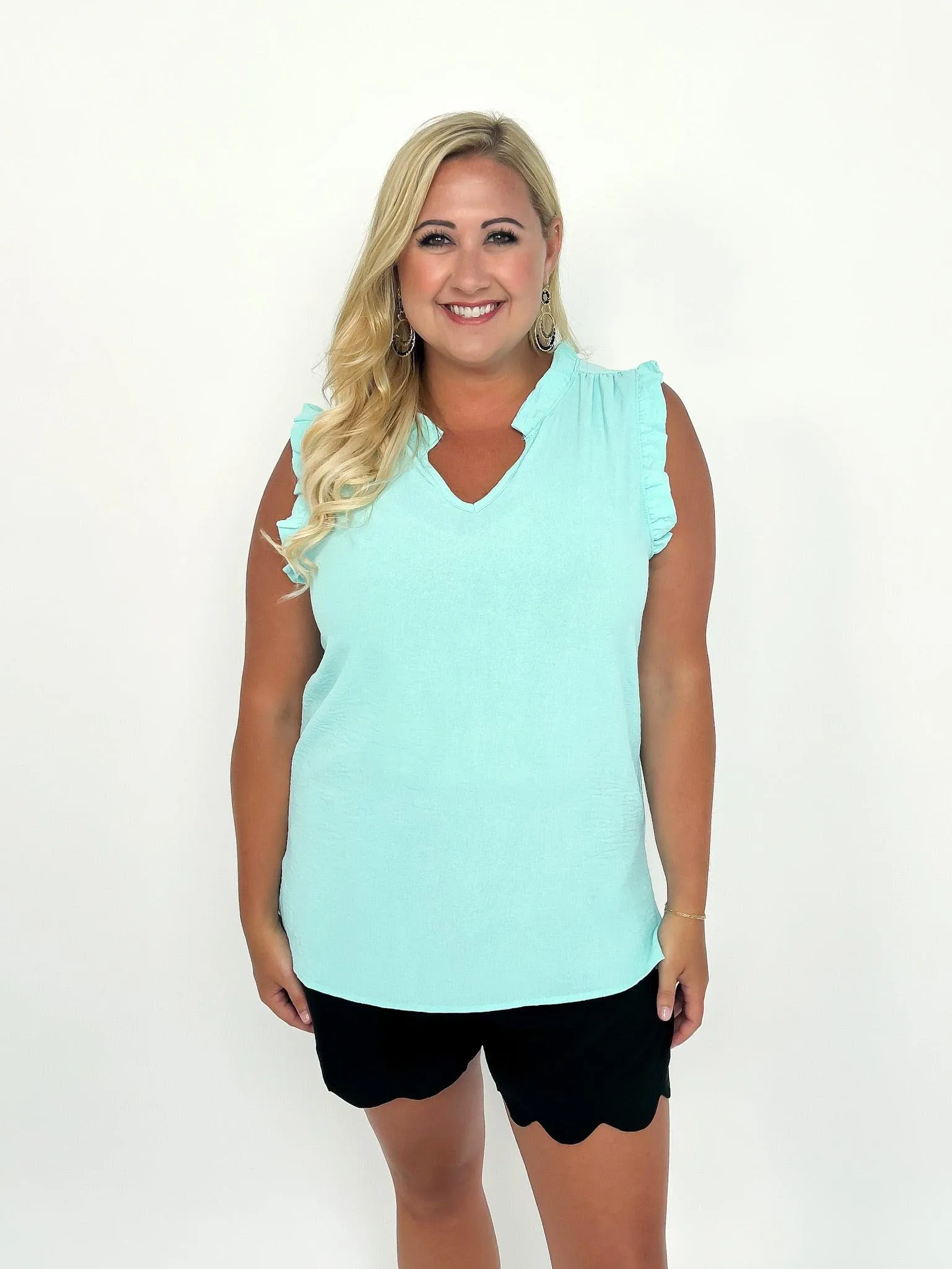 Aqua Sleeveless Ruffle Top