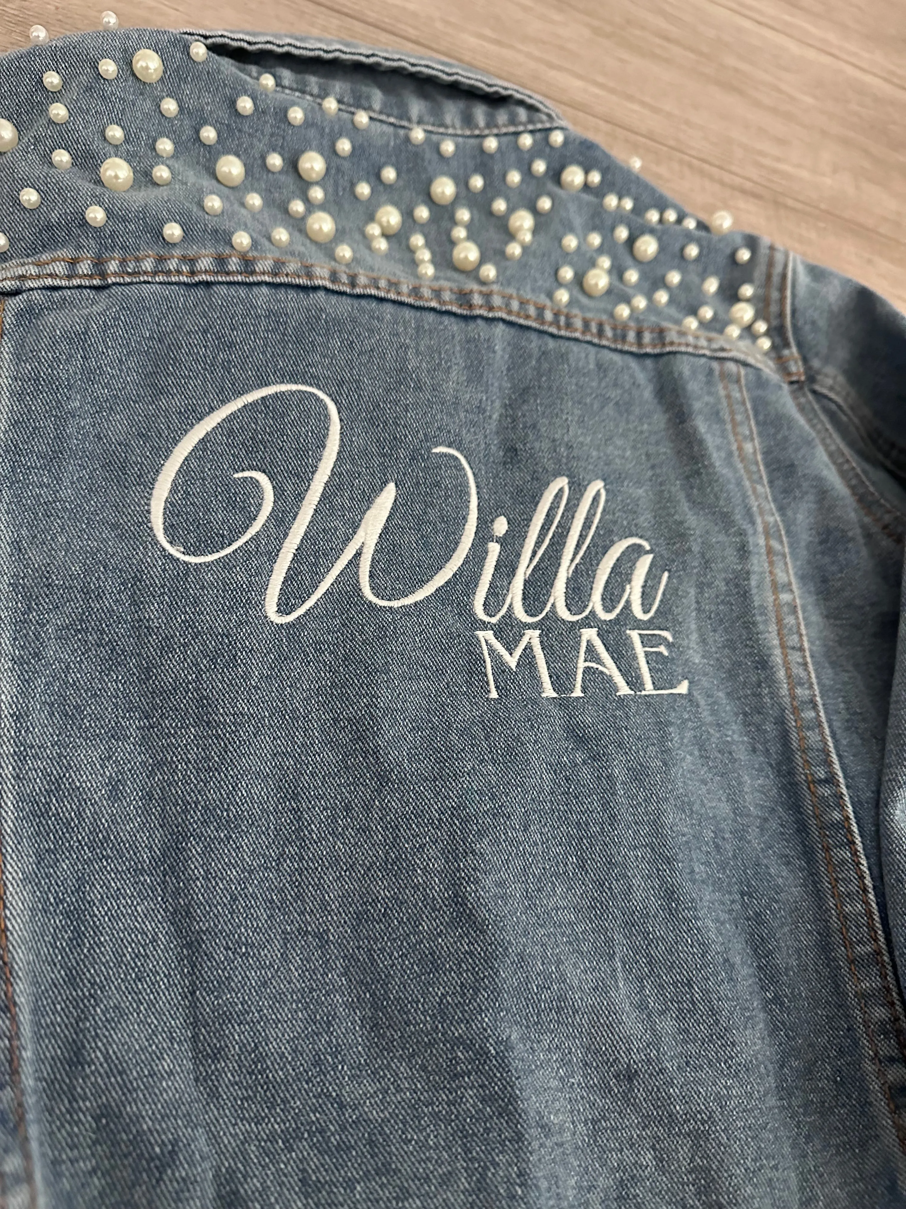 Athena- Embroidered Kid Pearl Denim Jacket