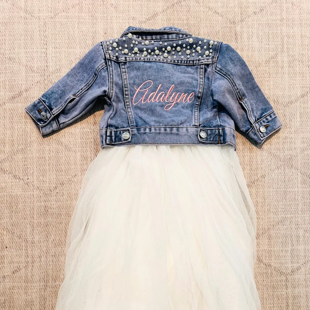 Athena- Embroidered Kid Pearl Denim Jacket