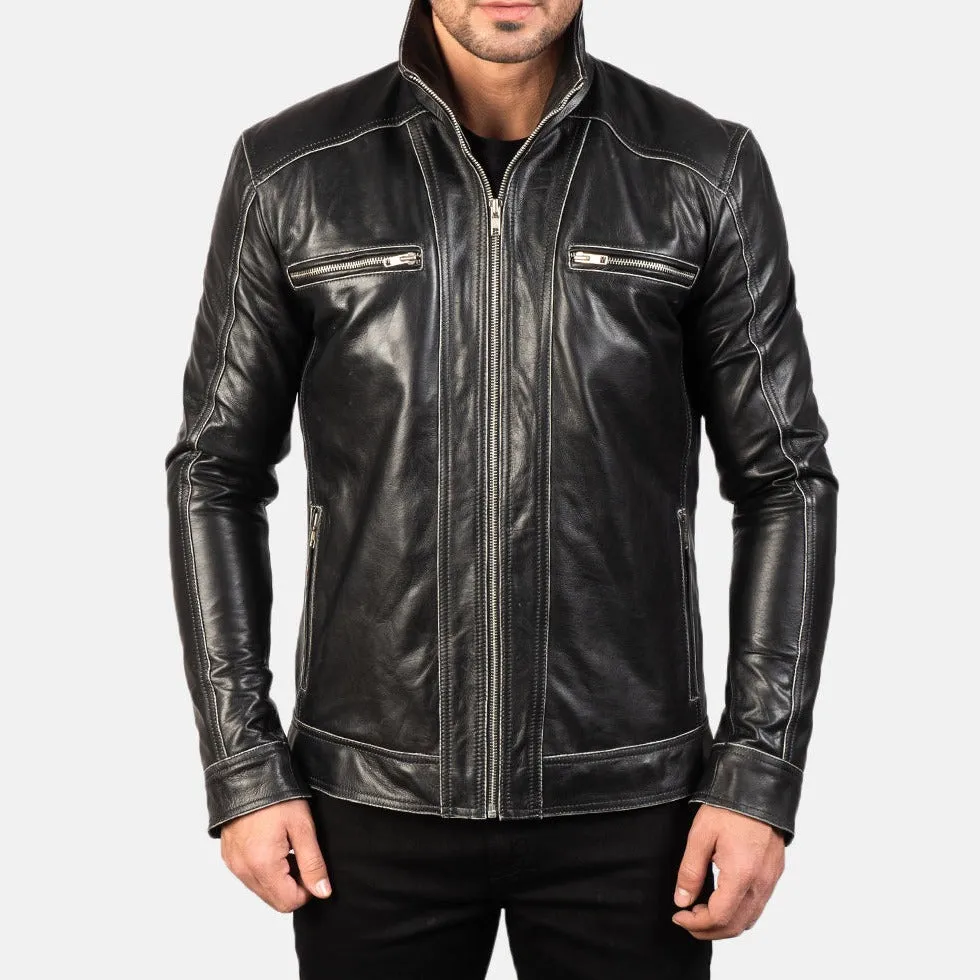 BIKER-1439 MUSH Black Leather Biker Jacket