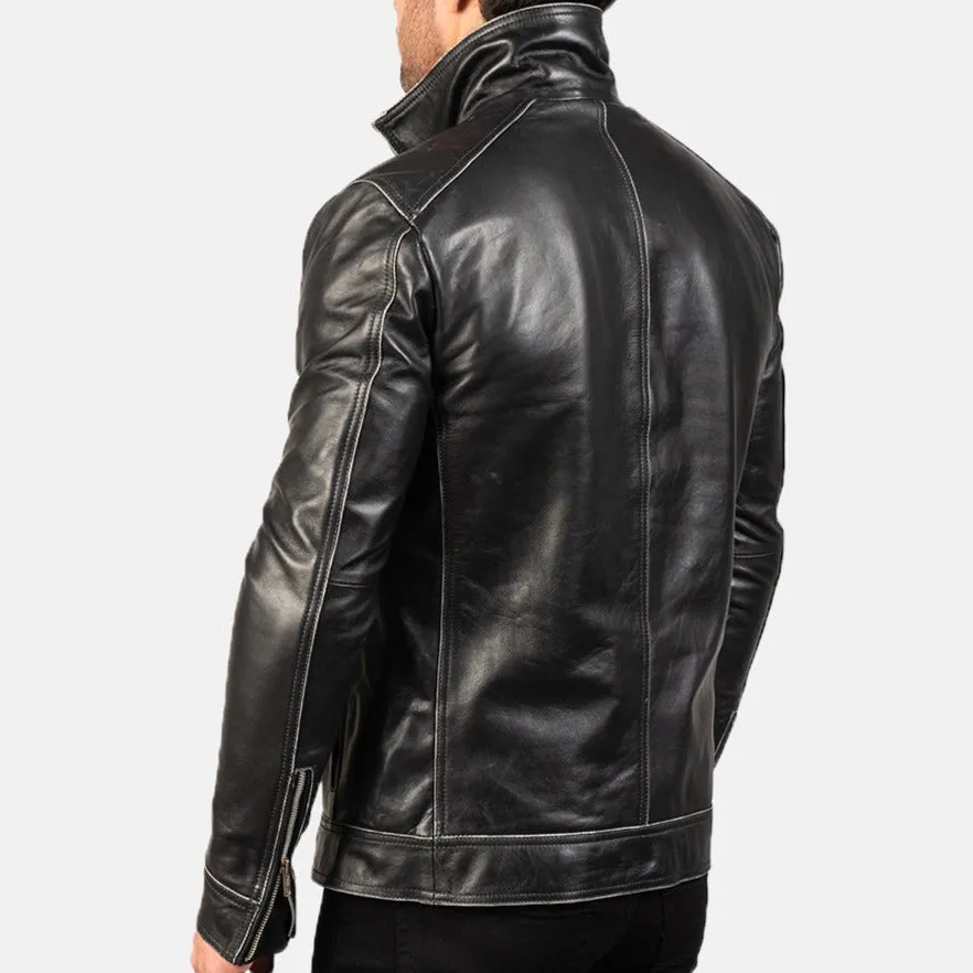 BIKER-1439 MUSH Black Leather Biker Jacket