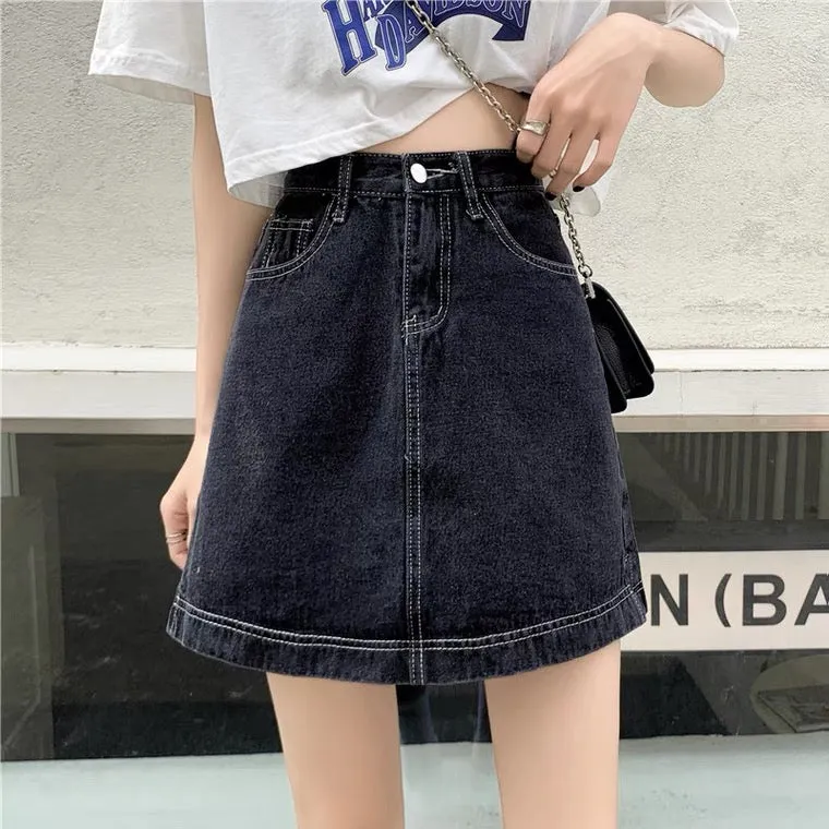 Black denim skirt, plus size, summer, new style, high-waisted A-line skirt  3657