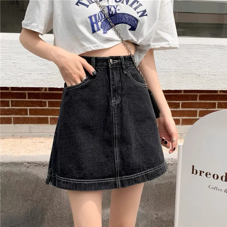 Black denim skirt, plus size, summer, new style, high-waisted A-line skirt  3657