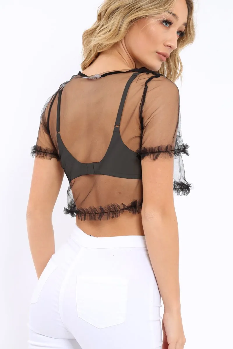 Black Mesh Ruffle Crop Top - Cleo