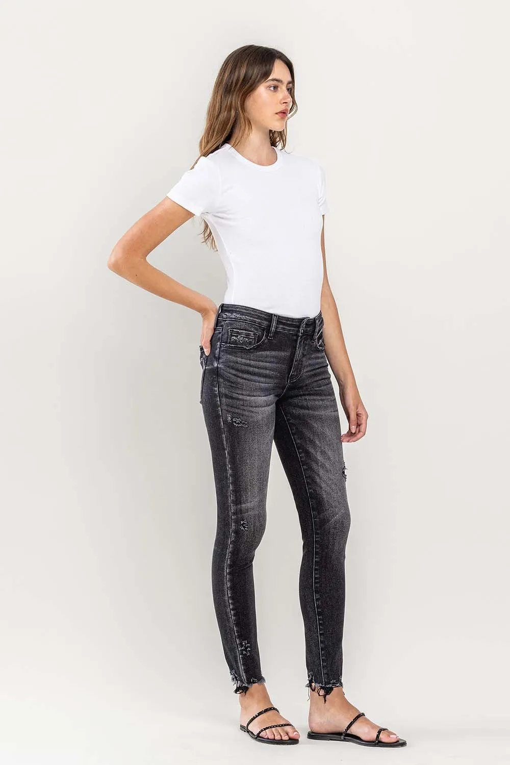 Black Raw Hem Cropped Skinny Jeans KESLEY