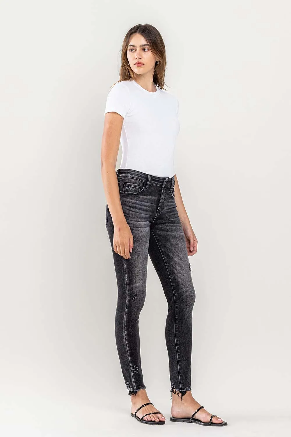 Black Raw Hem Cropped Skinny Jeans KESLEY