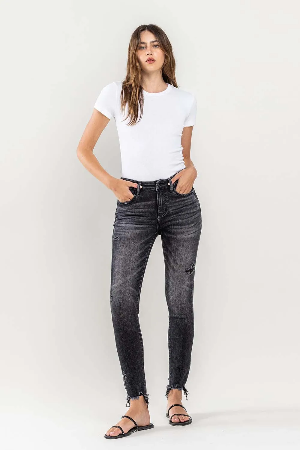 Black Raw Hem Cropped Skinny Jeans KESLEY