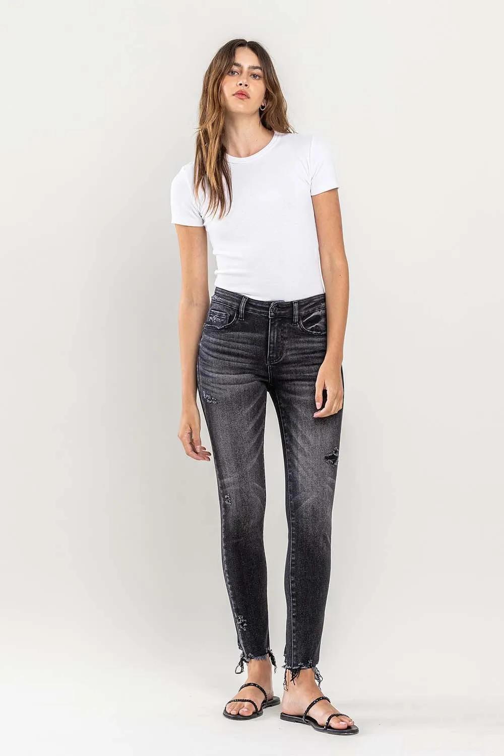 Black Raw Hem Cropped Skinny Jeans KESLEY