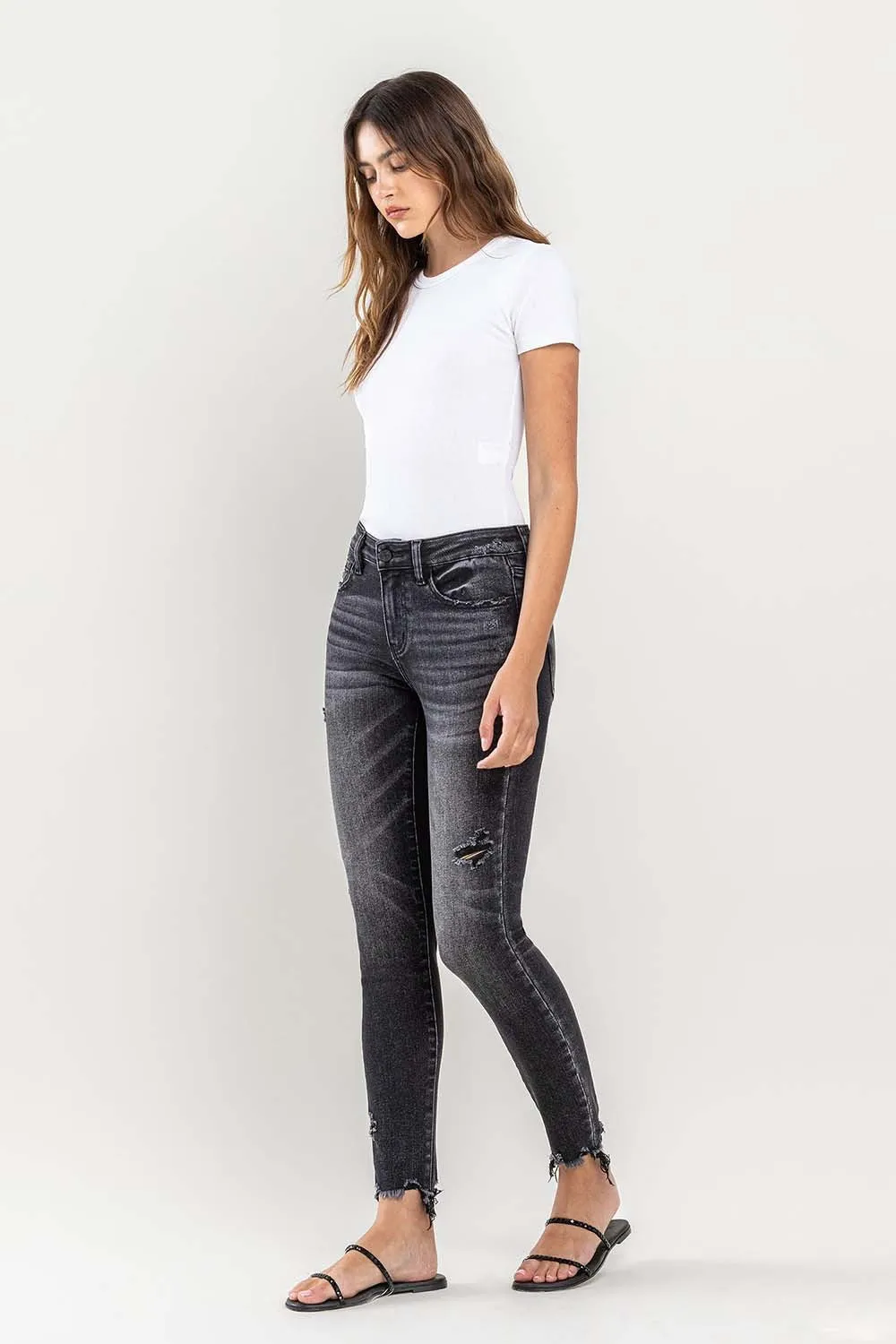 Black Raw Hem Cropped Skinny Jeans KESLEY