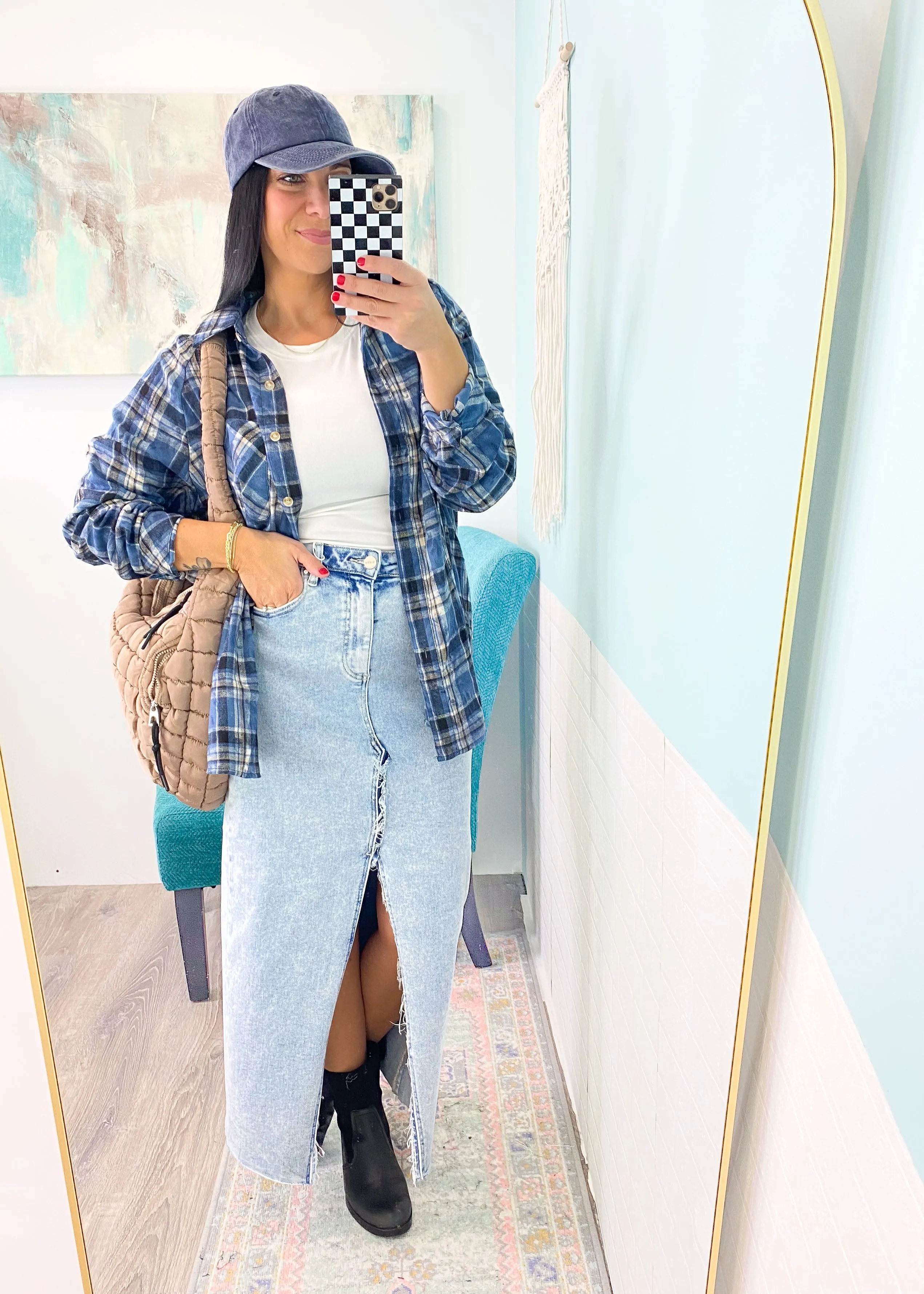 'Blue Moon' Oversized Navy Washed Plaid Shirt