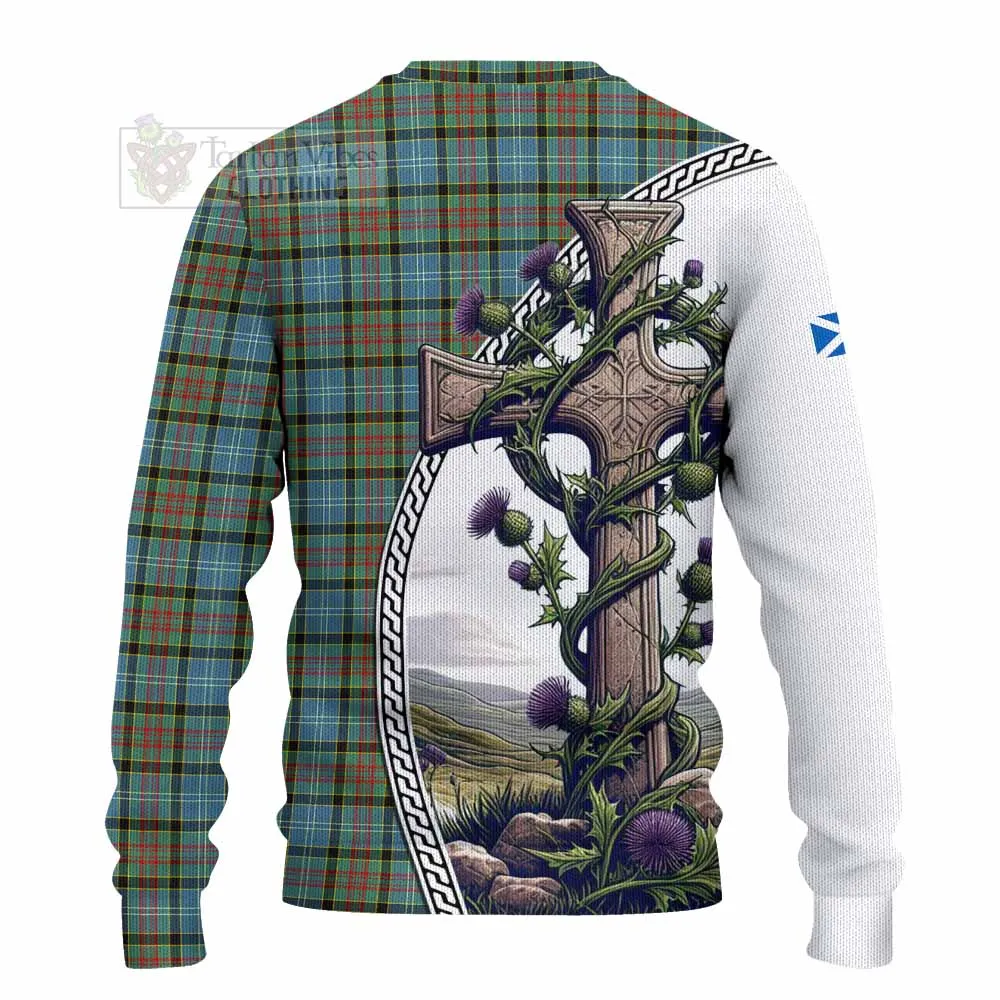 Brisbane Tartan Knitted Sweater with Family Crest and St. Andrew's Cross Accented by Thistle Vines