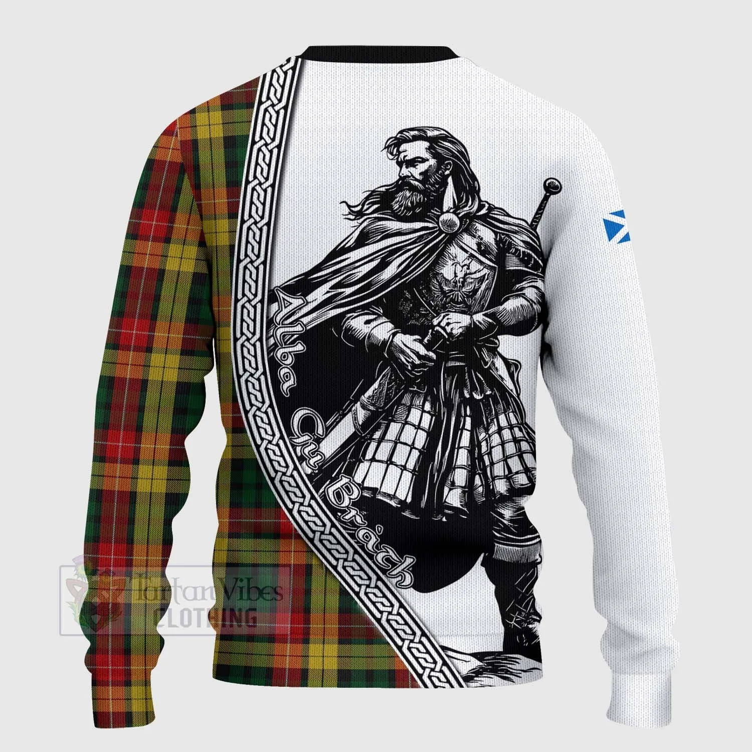 Buchanan Tartan Clan Crest Knitted Sweater with Highlander Warrior Celtic Style