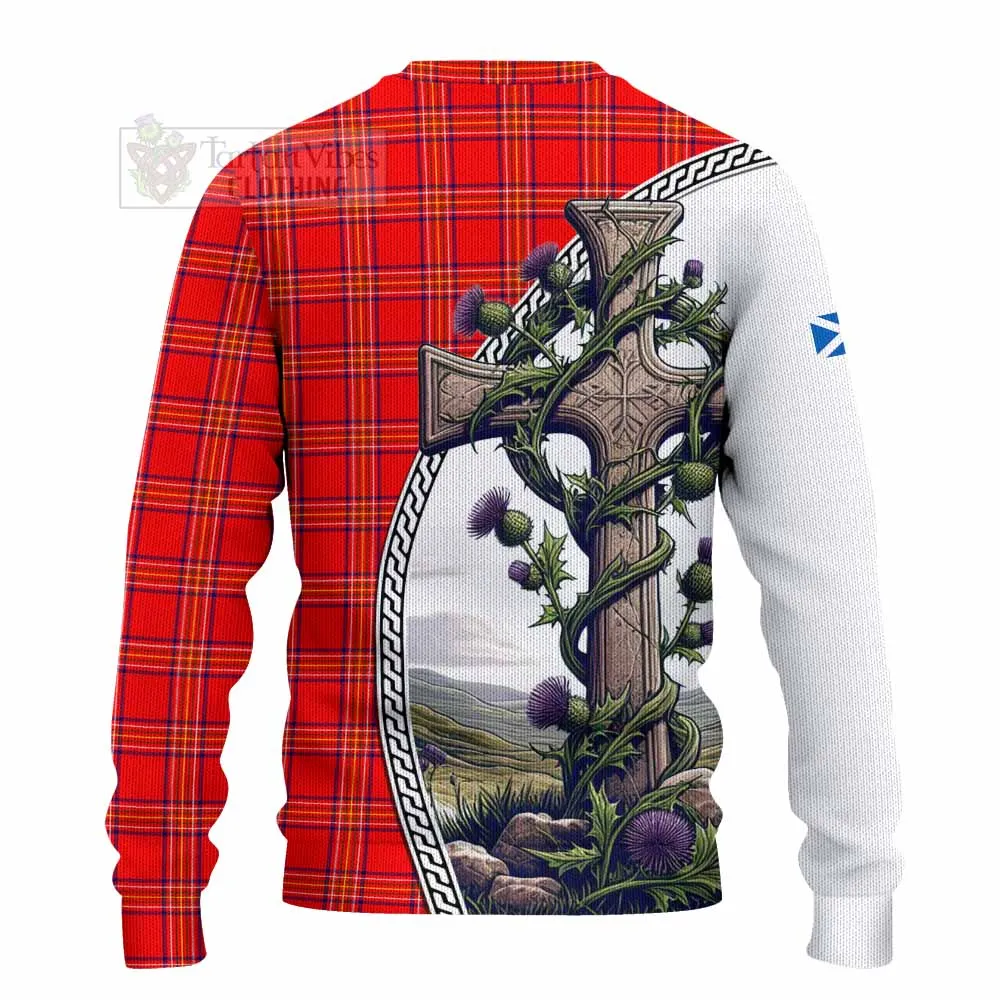 Burnett Tartan Knitted Sweater with Family Crest and St. Andrew's Cross Accented by Thistle Vines