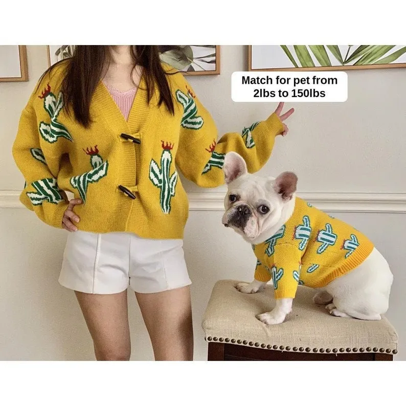 Cactus Print Owner Cardigan and Pet Sweater Matching Set