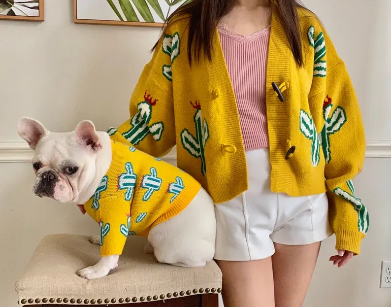 Cactus Print Owner Cardigan and Pet Sweater Matching Set