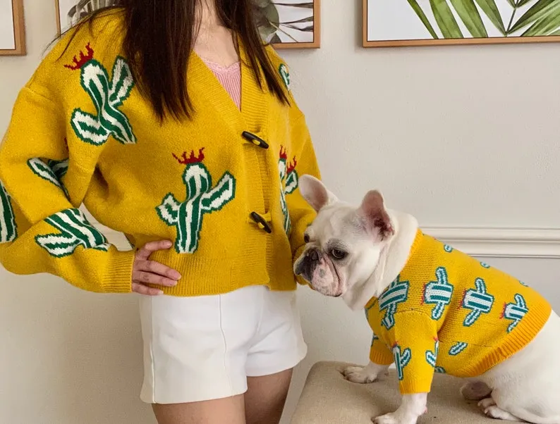 Cactus Print Owner Cardigan and Pet Sweater Matching Set