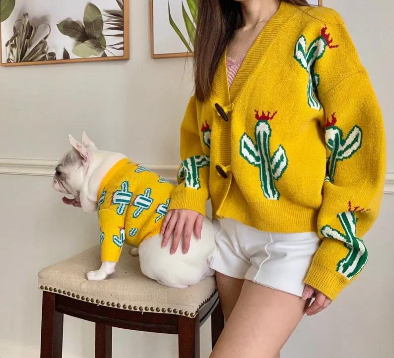 Cactus Print Owner Cardigan and Pet Sweater Matching Set