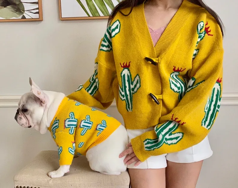 Cactus Print Owner Cardigan and Pet Sweater Matching Set