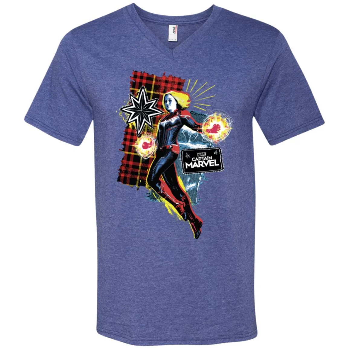 Captain Marvel Plaid Jean Patched Portrait Men V-Neck T-Shirt