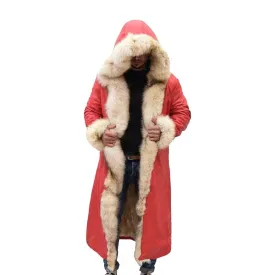 Christmas Red Leather Fur Shearling Trench Coat