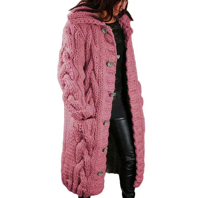 Chunky Long Knitted Hoodie winter Long Cardigan  sweater Jacket women