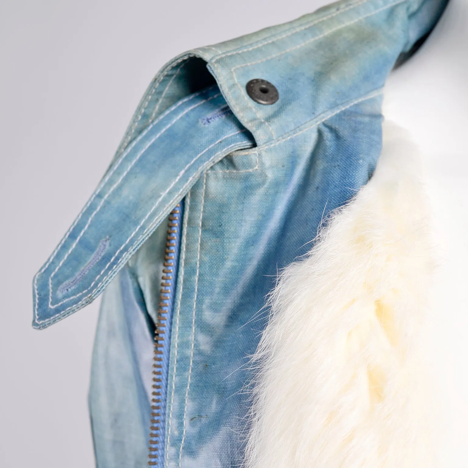 Coated Vintage Denim Jacket W/ White Rabbit Fur Lining Eclair Zipper