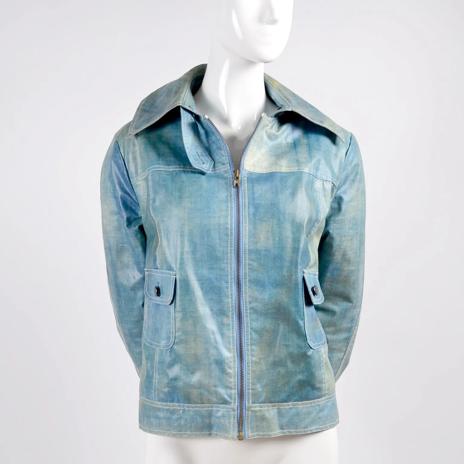 Coated Vintage Denim Jacket W/ White Rabbit Fur Lining Eclair Zipper