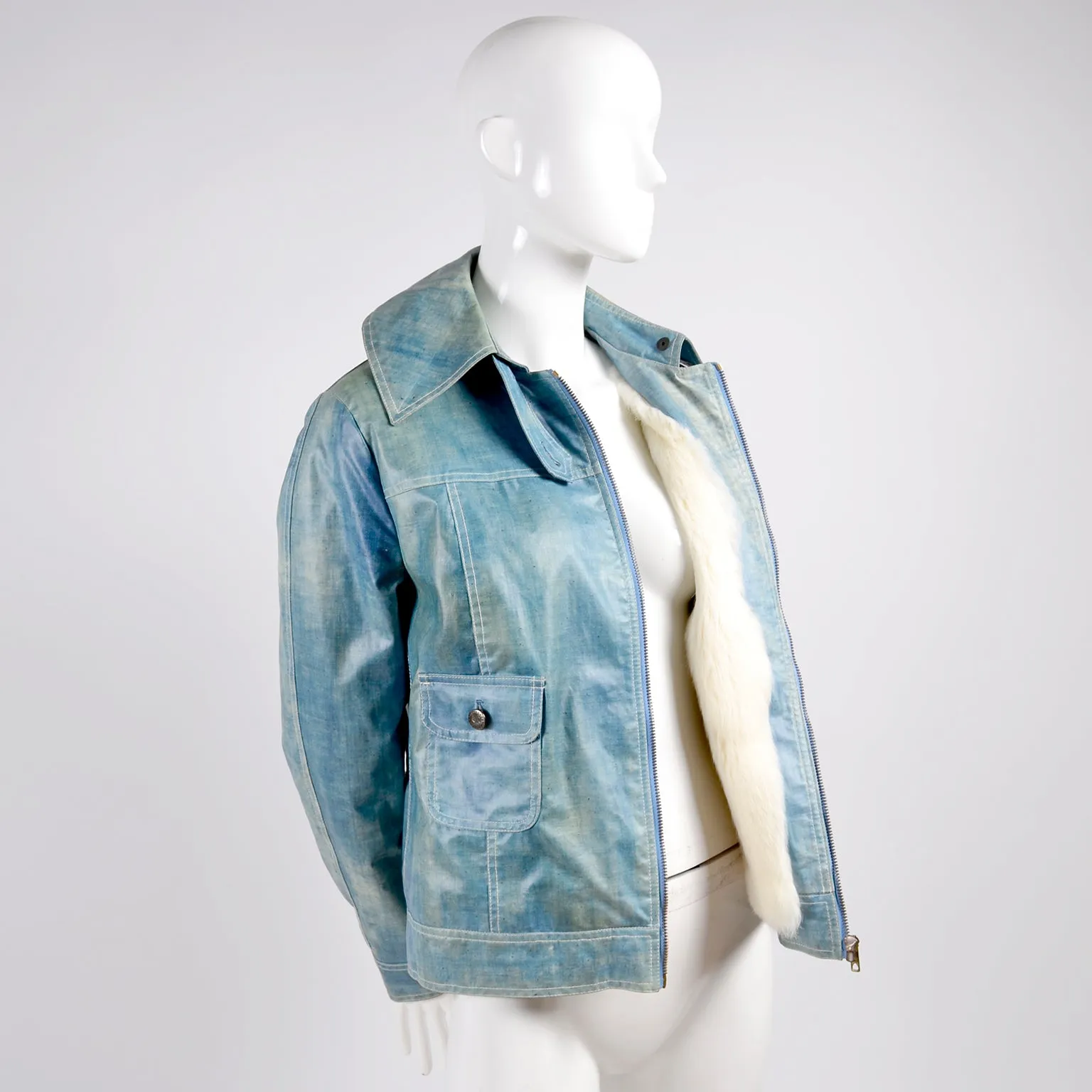 Coated Vintage Denim Jacket W/ White Rabbit Fur Lining Eclair Zipper