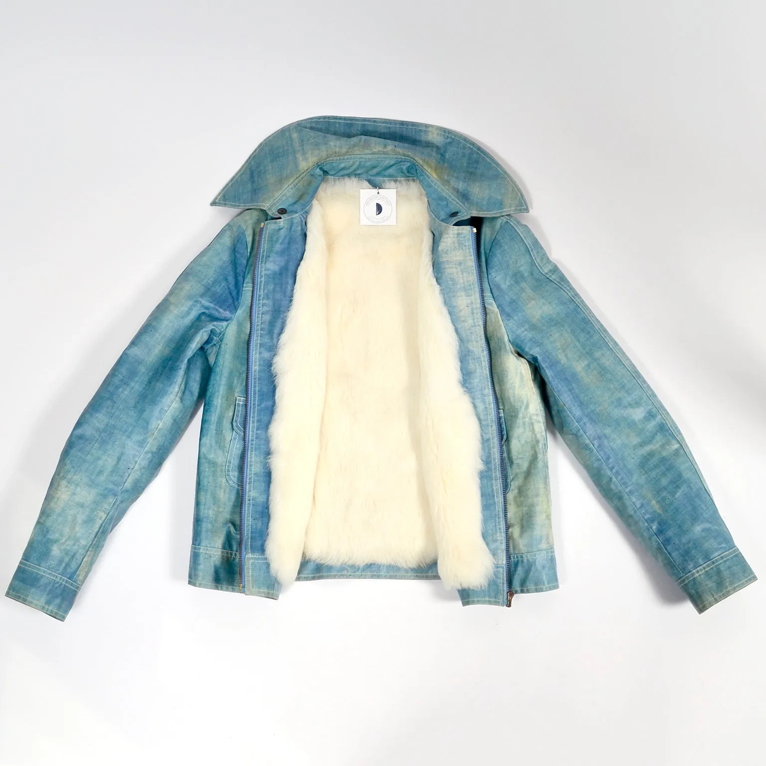 Coated Vintage Denim Jacket W/ White Rabbit Fur Lining Eclair Zipper