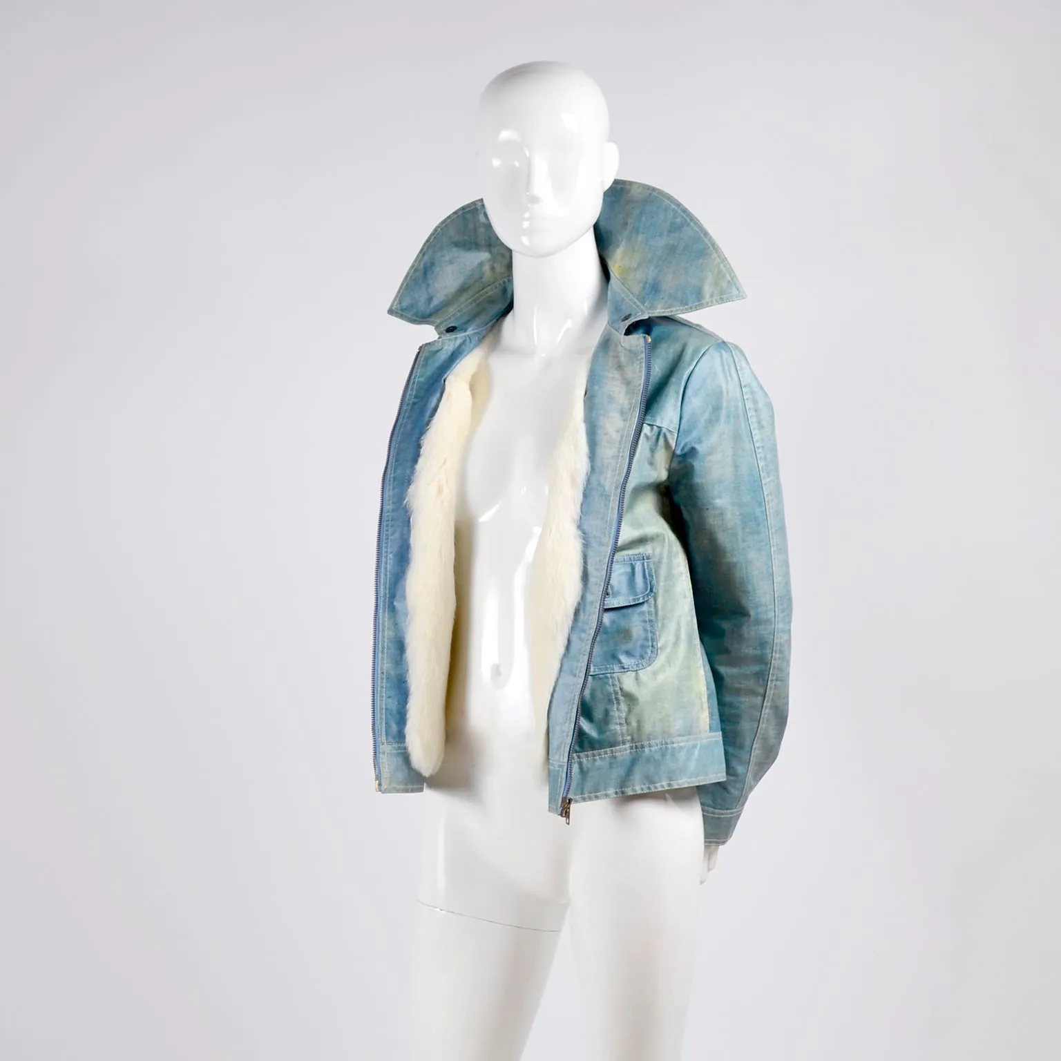 Coated Vintage Denim Jacket W/ White Rabbit Fur Lining Eclair Zipper