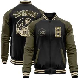 Custom Black Camo Olive-Cream Bomber Varsity Letterman Two Tone Zipper Jacket