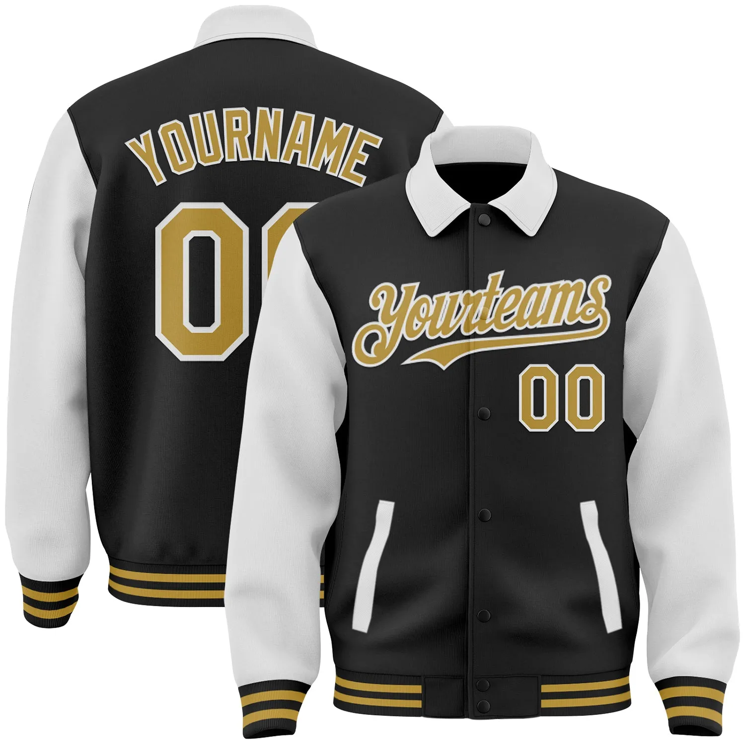 Custom Black Old Gold-White Bomber Full-Snap Varsity Letterman Two Tone Lapel Collar Byron Jacket