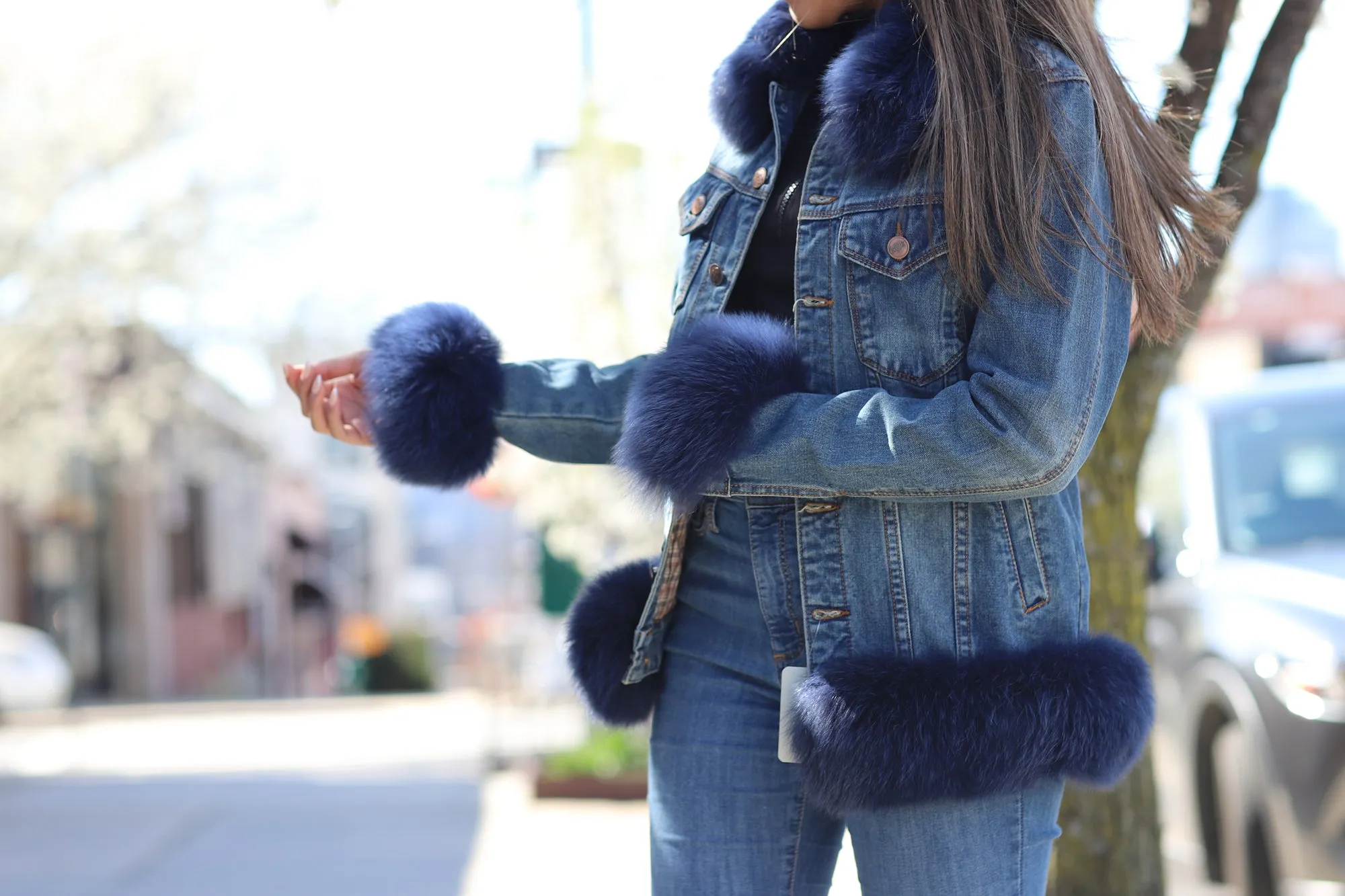 Denim Jacket with Blue Fox Fur Trim - Natural