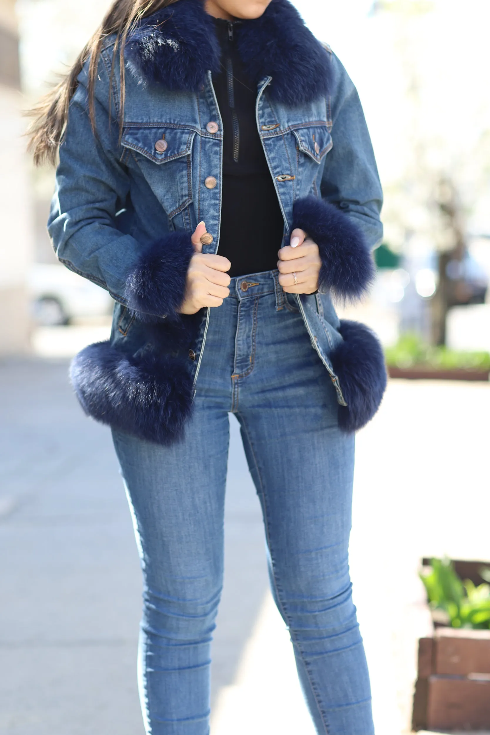 Denim Jacket with Blue Fox Fur Trim - Natural