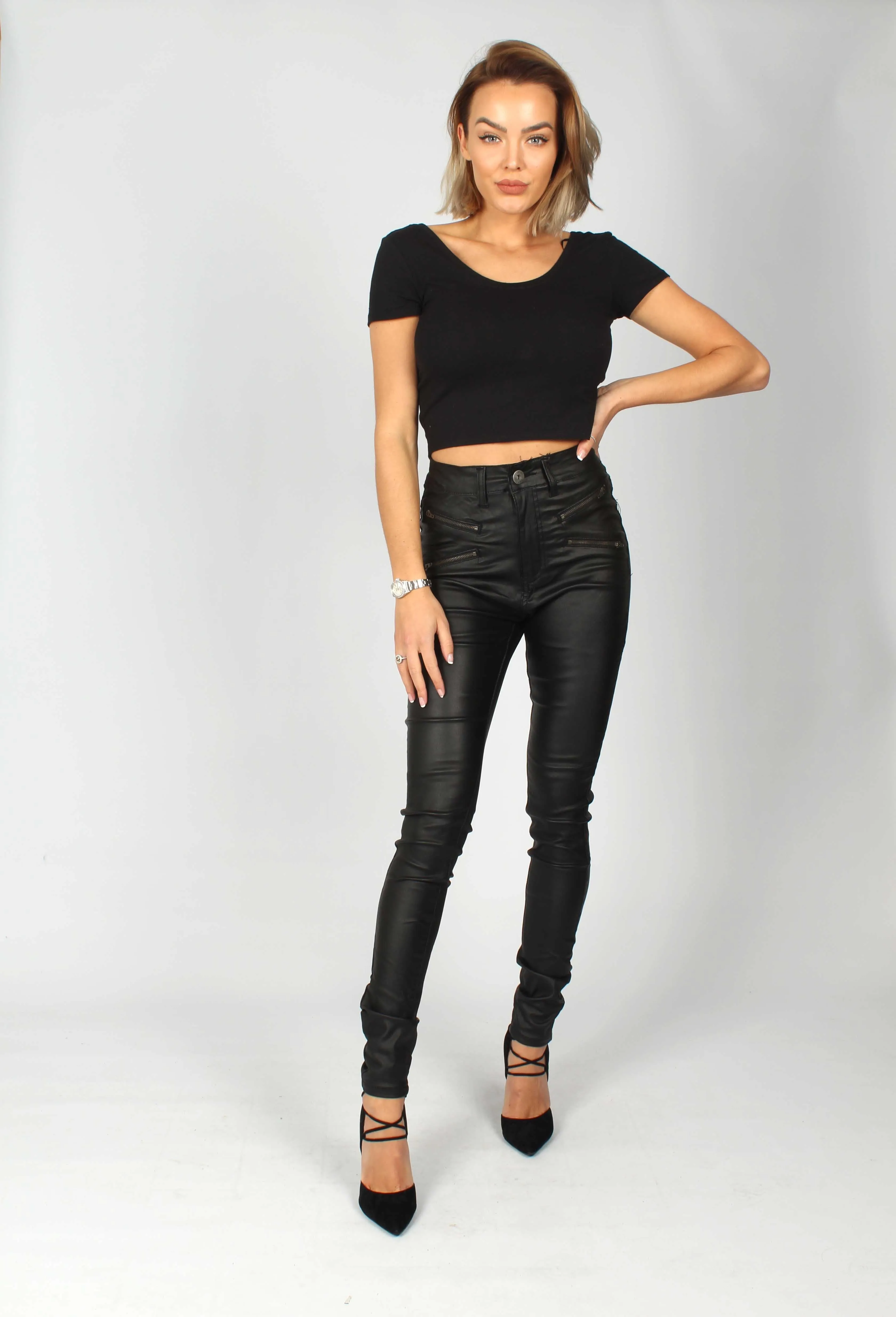 Detroit High-Waisted PU Coated Jeans with Zip Front Pocket