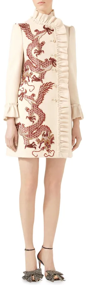 Dragon-Embroidered Ruffle Wool Coat