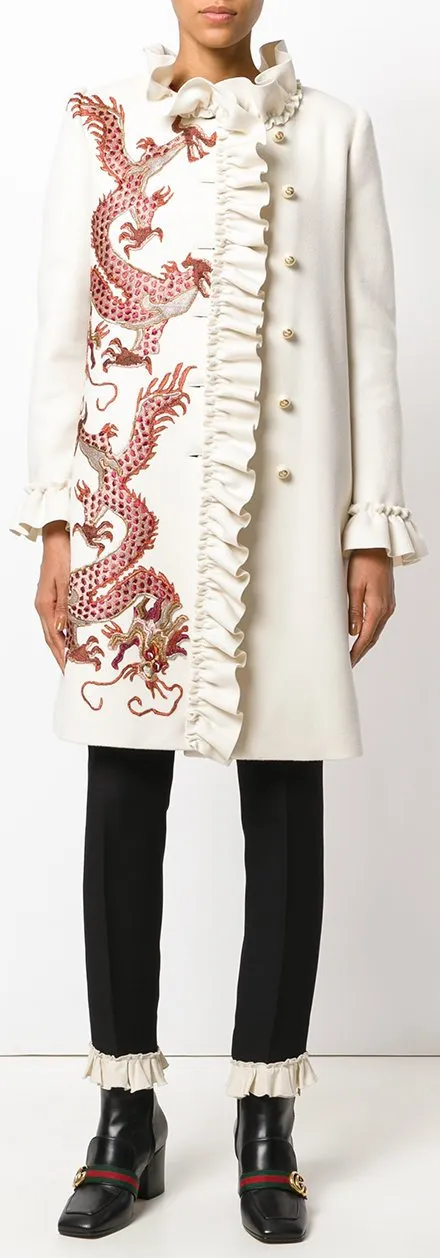 Dragon-Embroidered Ruffle Wool Coat