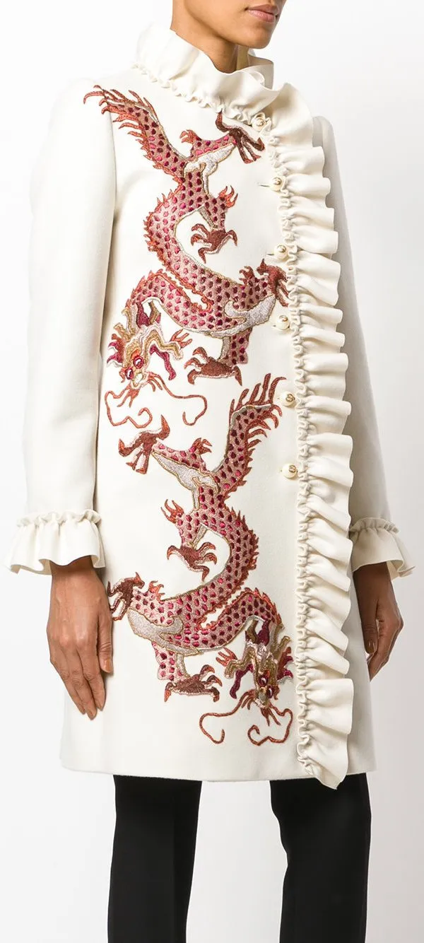 Dragon-Embroidered Ruffle Wool Coat