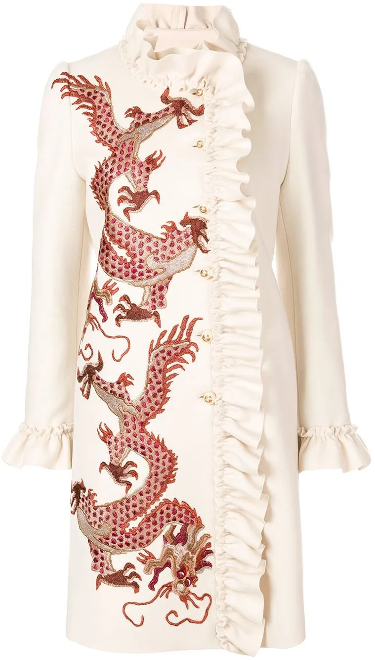 Dragon-Embroidered Ruffle Wool Coat