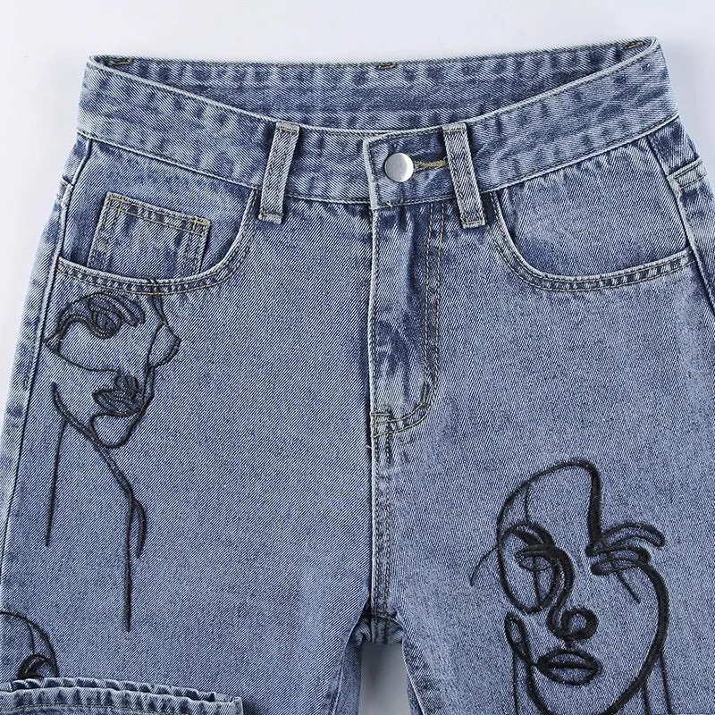 Embroidery High Waist Graphic Denim Mom Jeans