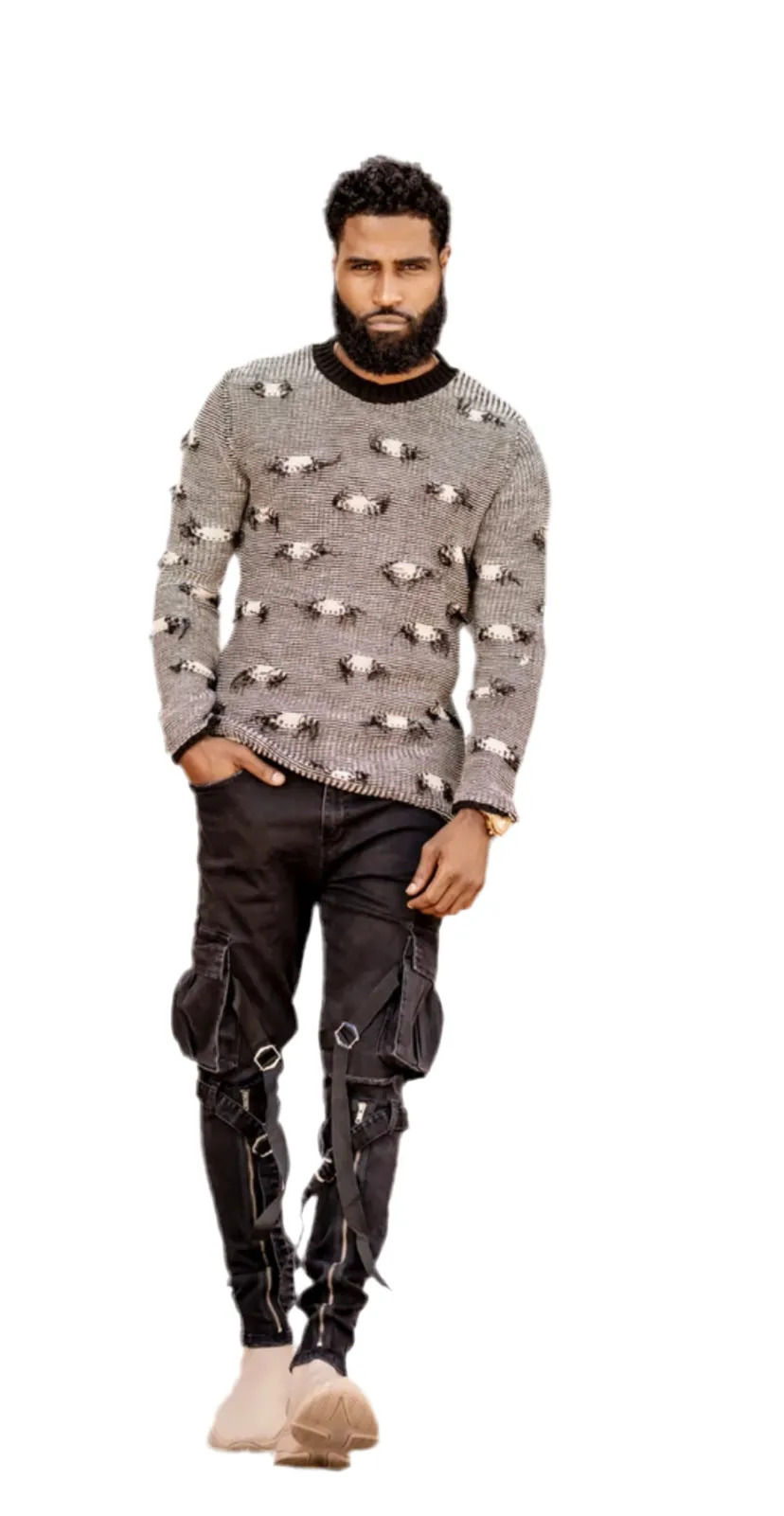 [Ervin] Distressed Black Lightweight Knitted Crew Neck