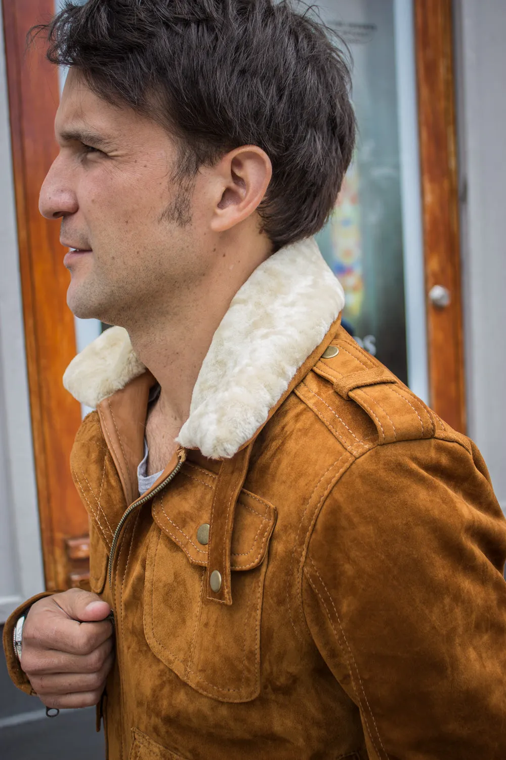 EXPLORER Trucker Jacket Shearling Collar in Nubuck Suede - Mocha  -