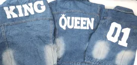 Family Matching Letter Print Jackets, Denim Family Jackets, Light Blue Denim Jackets, King Denim Jacket, Queen Denim Jacket, 01 Denim Jacket