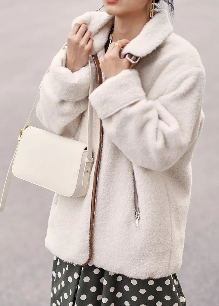 Fashion white wool coat for woman Loose fitting coats zippered lapel jackets